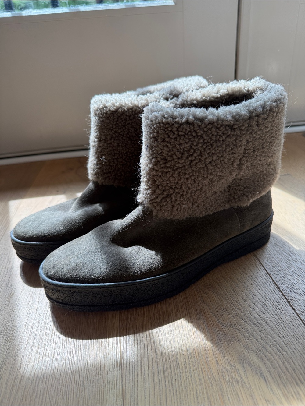 M Gemi Cozy Suede Winter Boots with Shearling Cuffs & LiningOlive/Taupe Size 9